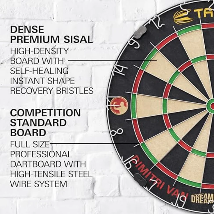 Target Darts Dimitri Van den Bergh Dartboard Set | Spieler-Edition mit 2 Steel-Dart-Sets, Wettkampfstandard Wurflinie, selbstheilendes Sisal-Dartboard – Bild 3