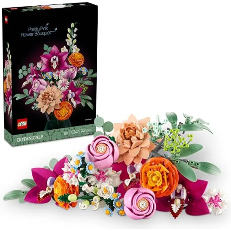 LEGO Botanicals 10342, Schöner Rosafarbener Blumenstrauß, Bauset für Erwachsene mit Gänseblümchen, Kornblumen und Rosen in flexibler Anordnung für dekorative Büros und Wohnräume