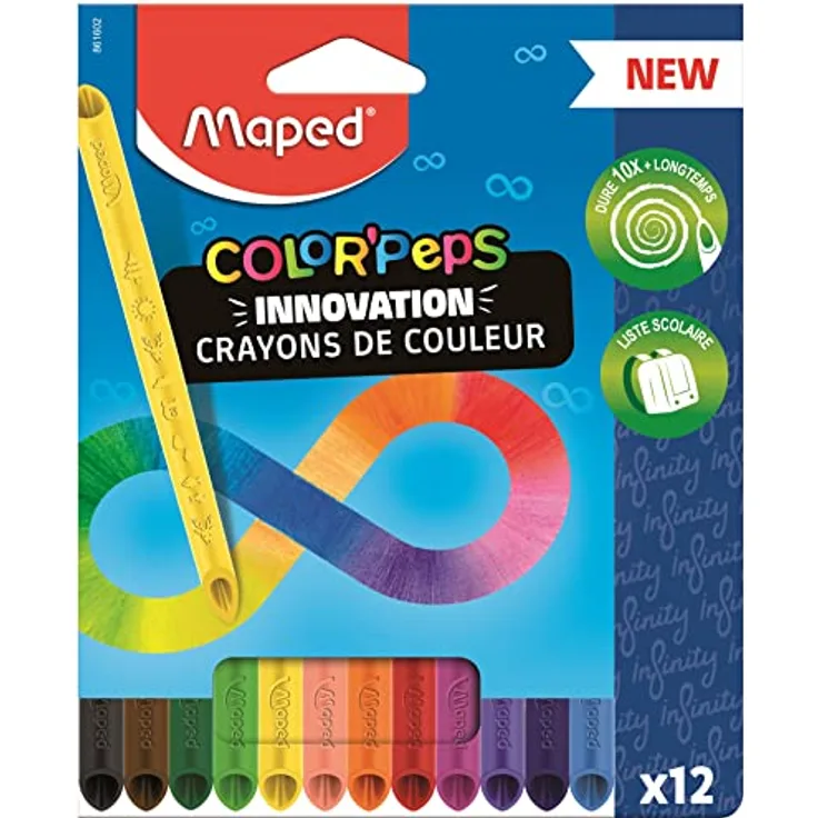 Maped - Color'Peps Infinity Buntstifte – 100% Mine, 100% verwendbar – Zero Abfall – ohne Anzuschneiden – sehr lange haltbar – ergonomische dreieckige Form – Beutel mit 12 Stiften