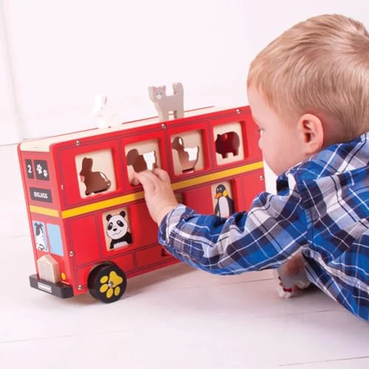 Bigjigs Wooden Shape Sorter Red Animal Bus, 21-teiliges Holz-Spielzeug mit einlegbaren Tieren und Fenster-Schieber – Bild 5