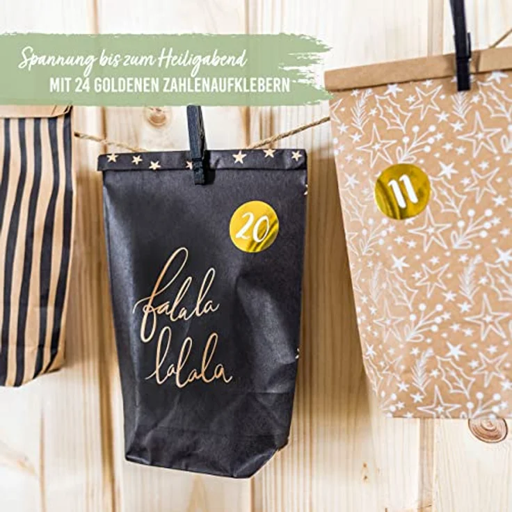 OEM Weihnachtskalender, Adventskalender-Set mit 24 braunen Kraftpapiertüten (14x22cm) und Zahlenaufklebern – Bild 4