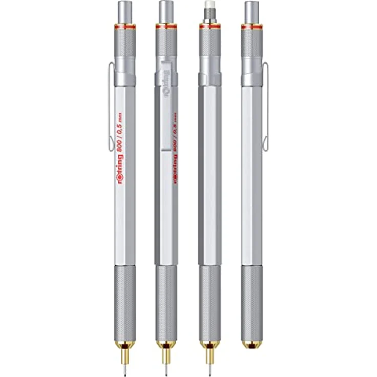 ROTRING Bleistift 800, Feinminenbleistift 0,5 mm HB aus massivem Metall, silber mit auswechselbarem Radierer und Druckmechanik – Bild 3