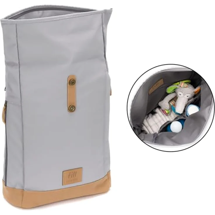 Fillikid Wickeltasche Berlin, Rolltop-Design, 25 Liter, inklusive Wickelunterlage, witterungsbeständig aus Rauhleder und Polyurethan, mit Thermofach und Schnellzugriff – Bild 2