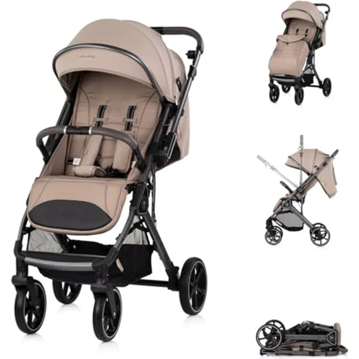Chipolino Kinderwagen Omnia, klappbar mit PU-Rädern, Stoßdämpfer, Sonnendach und Fußsack in hellbraun, für Kinder bis 22 kg – Bild 1