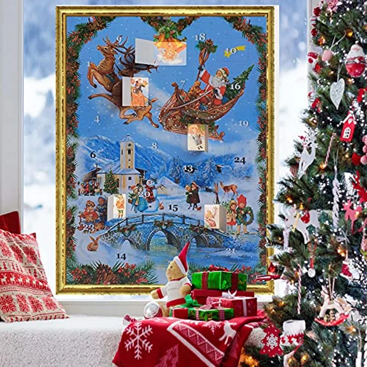Nostalgischer Adventskalender/Weihnachtskalender für Kinder und Erwachsene mit Bildern und Glitzer "Weihnachtsmann im Schlitten" – Bild 2