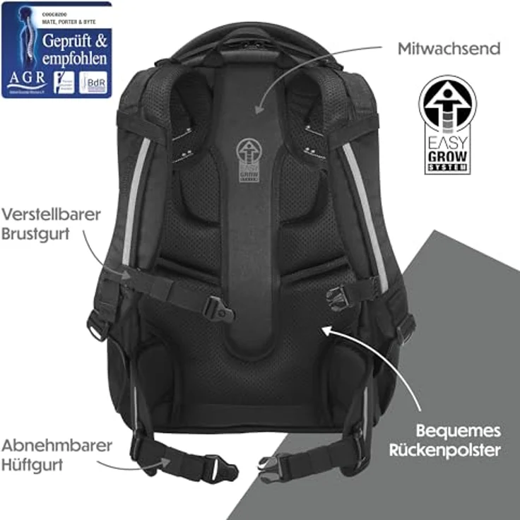 Coocazoo Byte Schulrucksack „Black Coal”, ergonomischer & anpassbarer Tornister, höhenverstellbar, mit Brustgurt & Hüftgurt, für Schüler ab der 3. Klasse – Bild 4