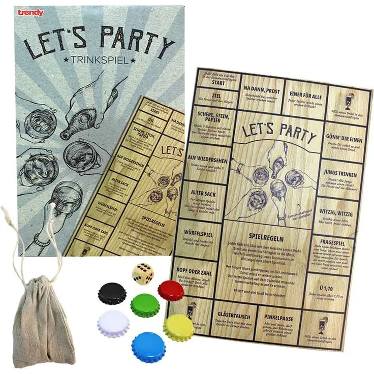trendy Trinkspiel Brettspiel "Lets Party" für 2-6 Spieler, Holz, ab 18 Jahren