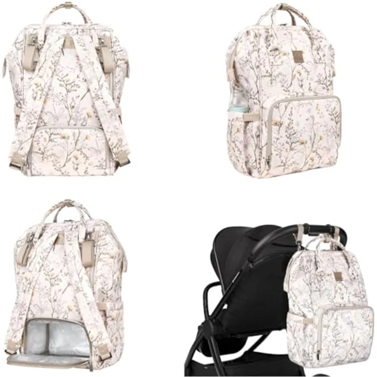 Kikkaboo Wickeltasche Siena, Rucksack mit Wickelunterlage, wasserabweisend, beige-weiß, einstellbare Grifflänge, große Öffnung, Platz für 3 Flaschen – Bild 5