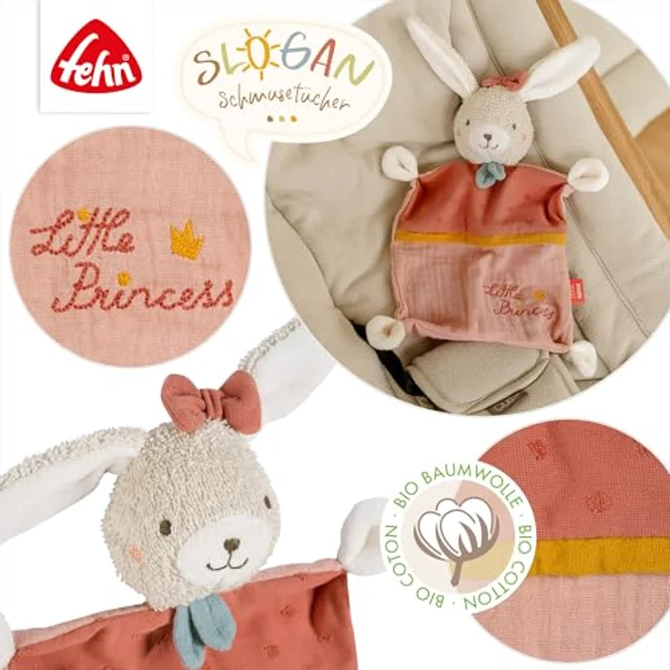 Fehn Schmusetuch Hase "Princess" – mit individuell gesticktem Slogan "Little Princess" – Bio-Baumwolle (kbA) – für Babys & Kleinkinder ab 0+ Monaten – Bild 3