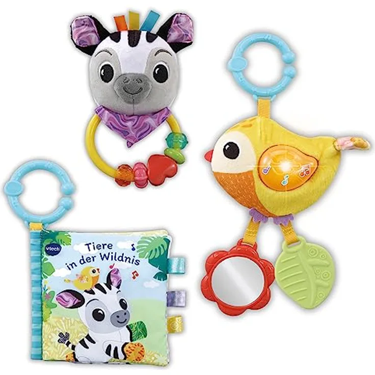 VTech Baby - Babys Tierfreunde-Geschenkset aus recyceltem Plüsch, mit singendem Vogel und Zebrarassel - Für Kinder von 0-24 Monaten
