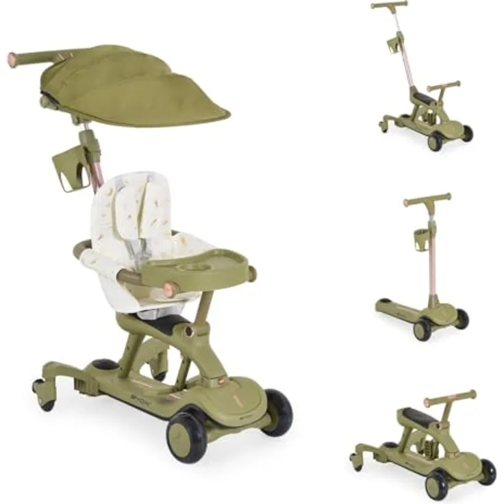 Byox Kinderroller Cornet 6 in 1, Multifunktionsroller mit Musik, höhenverstellbarem Sitz und Schiebestange, grün