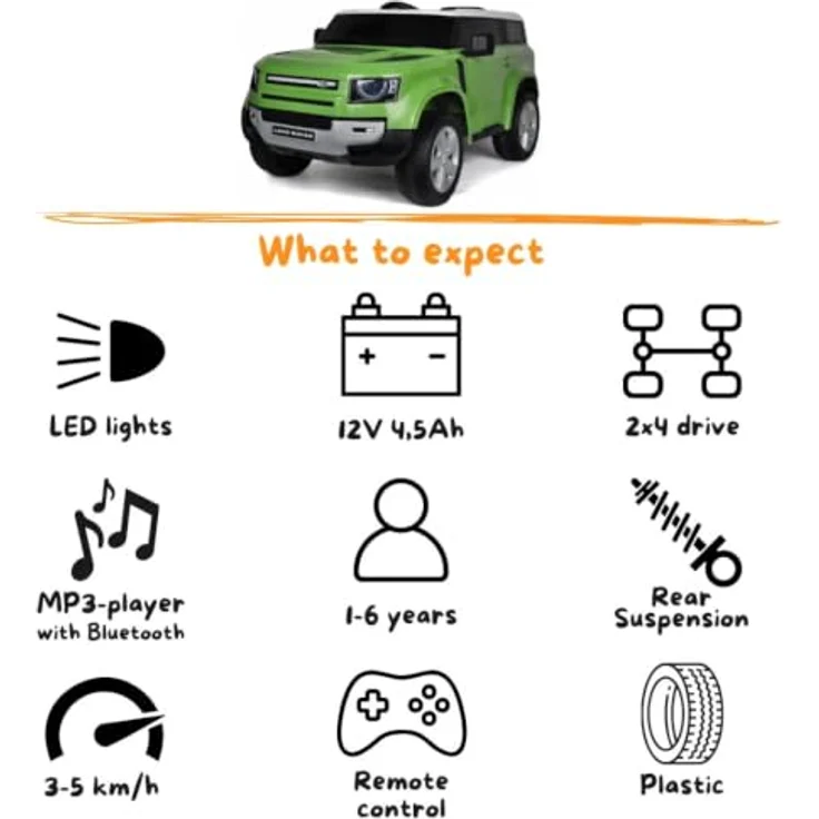 Land Rover Defender 90 Kinder Elektroauto 12V mit Fernbedienung, für 1 bis 6 Jahre, Grün, Scheinwerfer, MP3-Player, Sicherheitsgurte, 2 Motoren – Bild 6