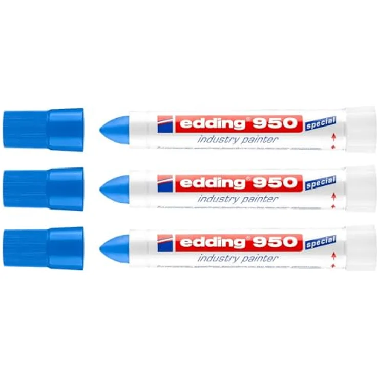 edding Industrie 950, Markerset mit 3 blauen Filzstiften, runde Spitze 10 mm, wasserdicht und hitzebeständig – Bild 1