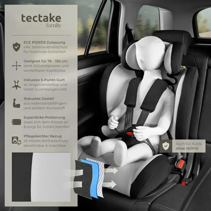 tectake Autokindersitz Sophie, i-Size mit 5-Punkt-Gurt, für 9-36 kg, höhenverstellbare Kopfstütze, ab 15 Monate, optimaler Komfort, schwarz – Bild 2