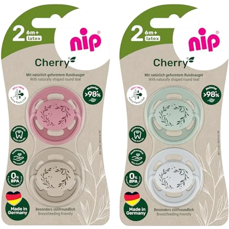 nip Cherry Green, 4er Pack Stillfreundlicher und zahnfreundlicher Babyschnuller aus Naturkautschuklatex, rot/grau, ab 6 Monate – Bild 2