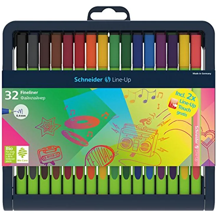 Schneider Line-Up Fineliner, farbsortiert, 0,4 mm, 32 St., biobasierter Kunststoff, wasserlöslich, non-permanent