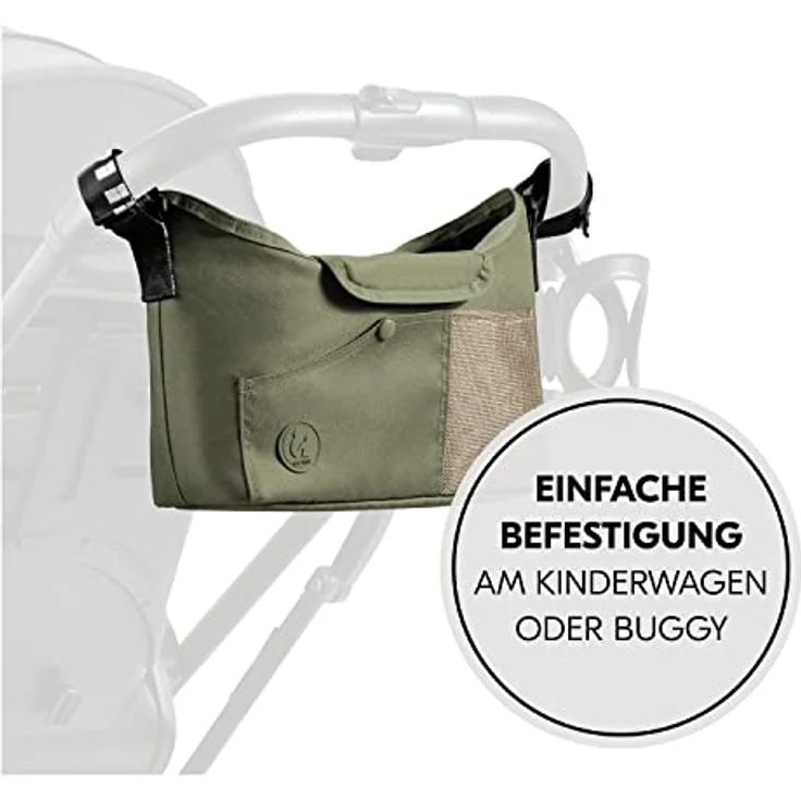 Hauck Organizer für Kinderwagen und Buggy - Große Baby Kinderwagentasche Buggytasche Wickeltasche mit Getränkehalter/Becherhalter, Leicht Zugänglich, Einfache Befestigung (Olive) – Bild 7