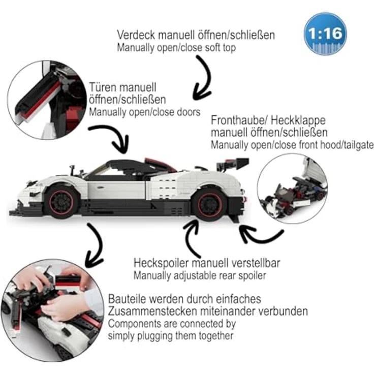JAMARA Pagani Zonda Cinque 1:16 Bricks, Modellbau DIY Bausatz Rennwagen Auto, 1024 Teile, ab 8 Jahre, Weiss, Türen und Fronthaube manuell bewegbar – Bild 4