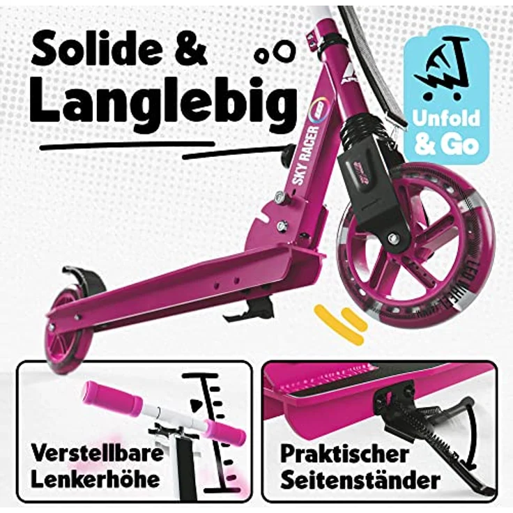Apollo Scooter LED Skyracer, City Roller mit Federung und höhenverstellbarem Lenker, klappbar, für Kinder ab 5 Jahren und Erwachsene, pink/weiß – Bild 2