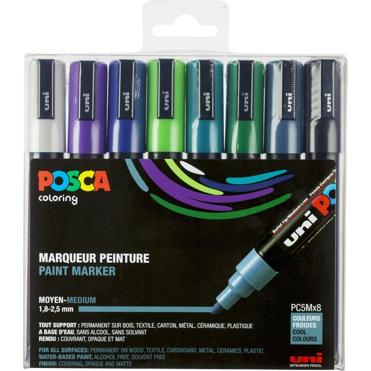 Posca Marker PC-5M, Set mit 8 Filzstiften in Weiss, Smaragdgrün, Schiefergrau, Violett, Dunkelgrün, Apfelgrün, Schwarz, Dunkelblau, 2.50 mm, wasserfest und lichtbeständig – Bild 1