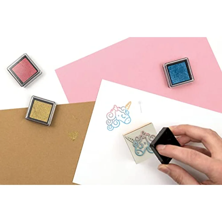 Folia Stempelkissen Set, metallic Gold, Silber, Kupfer, Rot, Blau, Grün, 6 Stück, 2,4 x 2,4 cm, schnelltrocknende Tinte – Bild 3