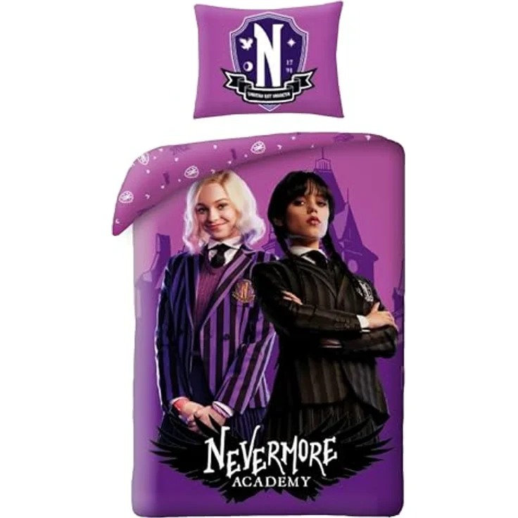 Halantex WEDNESDAY ENID SINCLAIR Bettbezug 140 x 200 cm und Kissenbezug 70 x 90 cm, 100 % Polyester, violett, schadstoffgeprüft nach Oeko-Tex Standard 100, atmungsaktiv und maschinenwaschbar