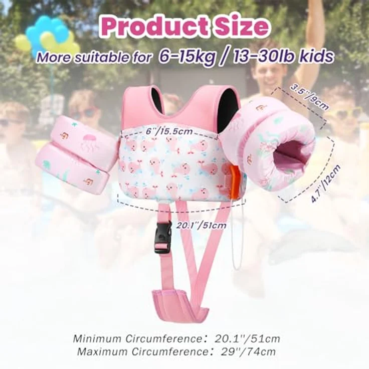 HeySplash Kinder Schwimmweste, Schwimmflügel für Kinder 6-15kg, Verstellbare Träger, Doppelschnalle, Pfeife, Rosa Wal – Bild 2