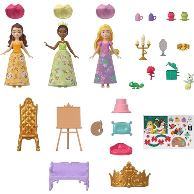Mattel Disney Princess Puppe Adventskalender JFG79, 24 Überraschungen mit 3 kleinen Puppen, 3 Tierfreunden, 6 Moden und 16 Zubehörteilen – Bild 5