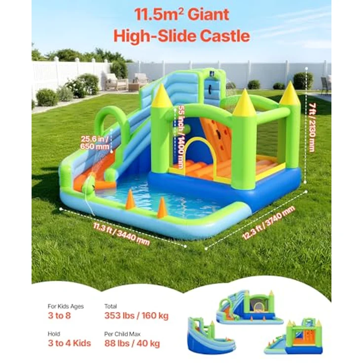 VEVOR Aufblasbare Wasserhüpfburg mit Wasserrutsche, Basketballkorb und Planschbecken, für 3–4 Kinder (3 bis 8 Jahre), 344 x 374 x 213 cm, bunt – Bild 2