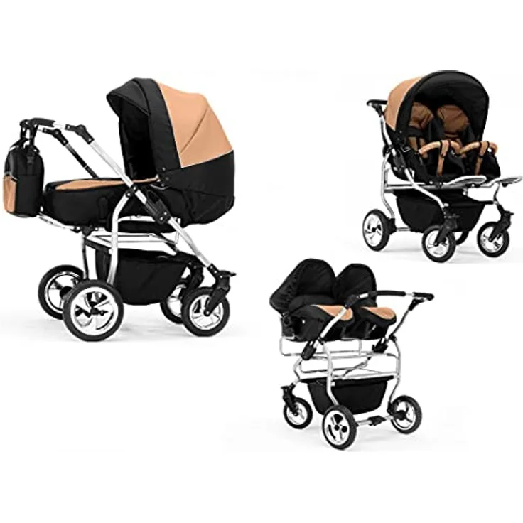 Elcar Zwillingskinderwagen 4 in 1 Duo inkl. Autositze - 13 Teile - Federungen, Luftbereifung, höhenverstellbarer Griff - in 20 Farben