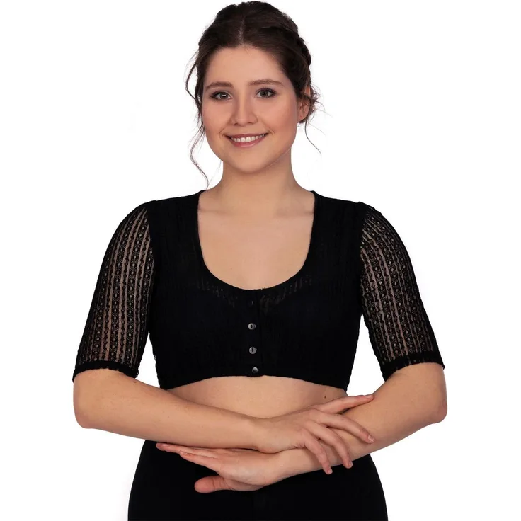 Edelnice Dirndlbluse Kassandra, Spitzenstoff mit Perlmutt-Knöpfen, 3/4 Ärmel, Stretch-Baumwolle, schwarz