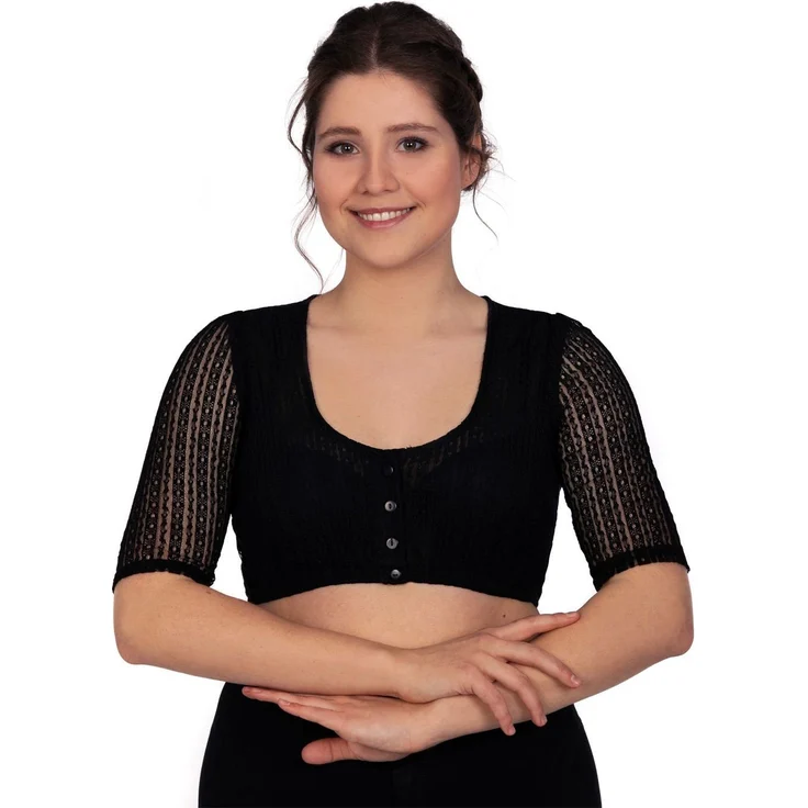 Edelnice Dirndlbluse Kassandra, Spitzenstoff mit Perlmutt-Knöpfen, 3/4 Ärmel, Stretch-Baumwolle, schwarz – Bild 1