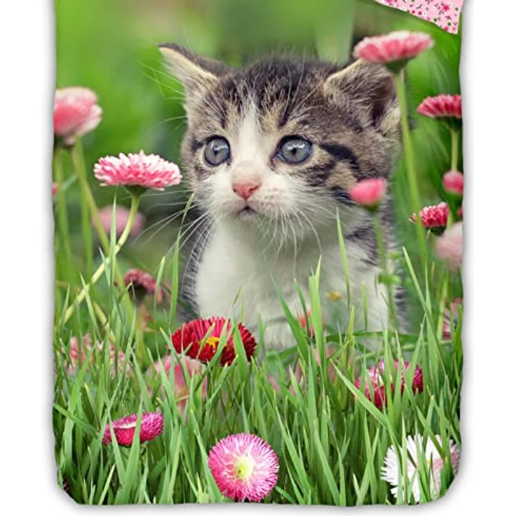 ESPiCO Bettwäsche Trendy Bedding Jacky Tiermotiv Katze Kätzchen Blumen geblümt Wiese Wendeoptik Renforcé, 135x200 cm, Kinderbettwäsche, 100% Baumwolle – Bild 3