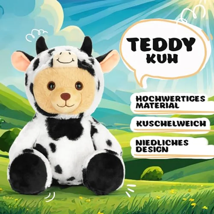 BRUBIES Teddy Kuh - 25 cm Teddybär im Kuhkostüm mit abnehmbarer Kapuze - Extra weiches Plüschmaterial - Pflegeleicht - Kuscheltier Geschenk für Kinder – Bild 2
