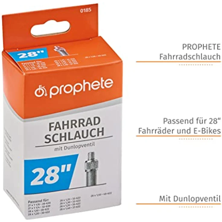Prophete Fahrradschlauch 28"/27", Dunlopventil, ETRTO 28-630, 32-630, 28-622, 30-622, 32-622, 33-622, 35-622, 37-622, 40-622, geeignet von 27 x 1,125 Zoll bis 28 x 1,5 Zoll – Bild 3