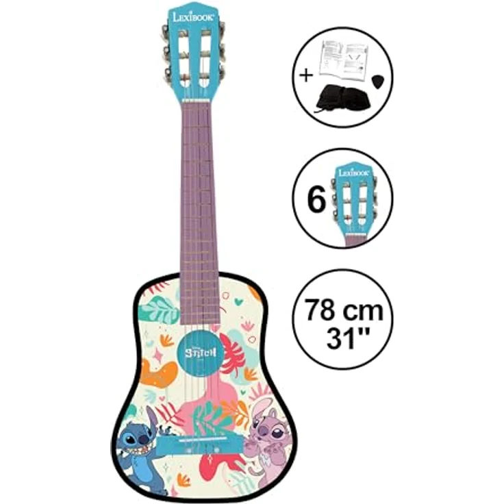 Lexibook Disney Stitch, Meine erste Akustikgitarre aus Holz, 78 cm (30"), 6 Nylonsaiten, inklusive Lernanleitung, Plektrum und Gurt, Blau, K2000D – Bild 2