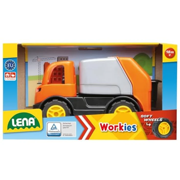 Lena 1264 Workies Müllwagen 14 cm, kippbarer Laderaum, Gummi-Reifen, für Kinder ab 18 Monaten, Orange – Bild 2