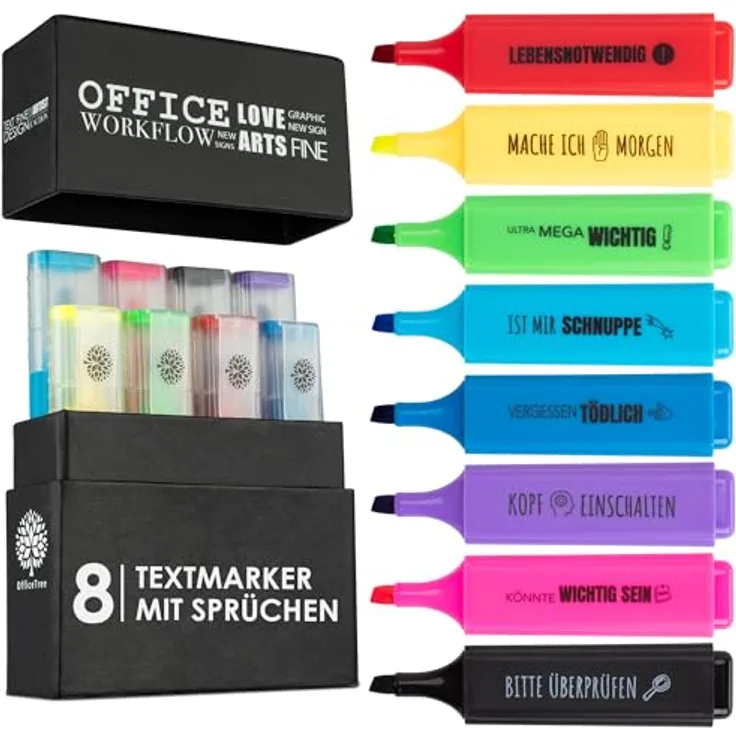 OfficeTree 8 Lustige Textmarker Set in Box, hohe Farbintensität, verschiedene Farben mit Sprüchen für Büro und Schule