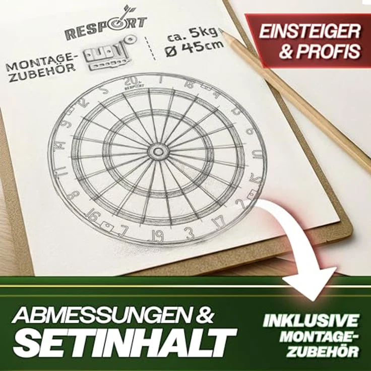 RE:SPORT® Sisal Premium Dartscheibe XXL Set, Steeldart Dartboard mit 9 Profi Dartpfeilen, 24 Pro Flights und Montagezubehör – Bild 2