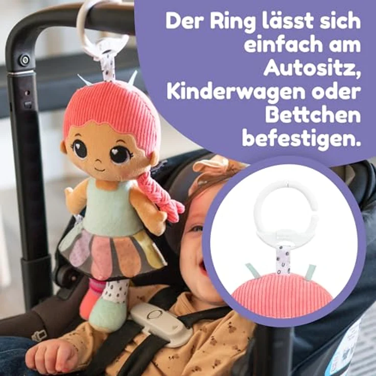 Lamaze Meine Freundin Flora, Kuschelpuppe mit Befestigungsring für den Kinderwagen, ideal für unterwegs – Bild 4