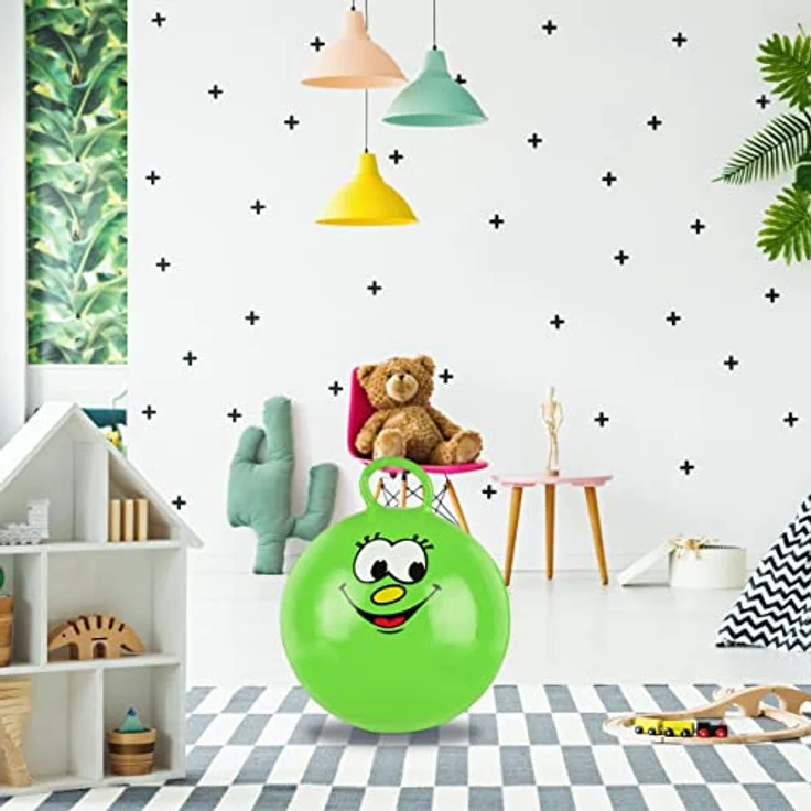 relaxdays Hüpfball für Kinder, grün, mit Griff und fröhlichem Gesicht, fördert Gleichgewicht und Muskelaufbau, max. Traglast 150 kg – Bild 2