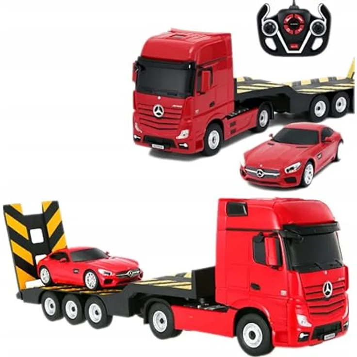 COIL Mercedes Benz Actros mit Anhänger, Maßstab 1:26, Mercedes Benz AMG GT, Maßstab 1:24, Caravan, Fernsteuerung, ABS, lenkbares Auto, ab 6 Jahren, silber