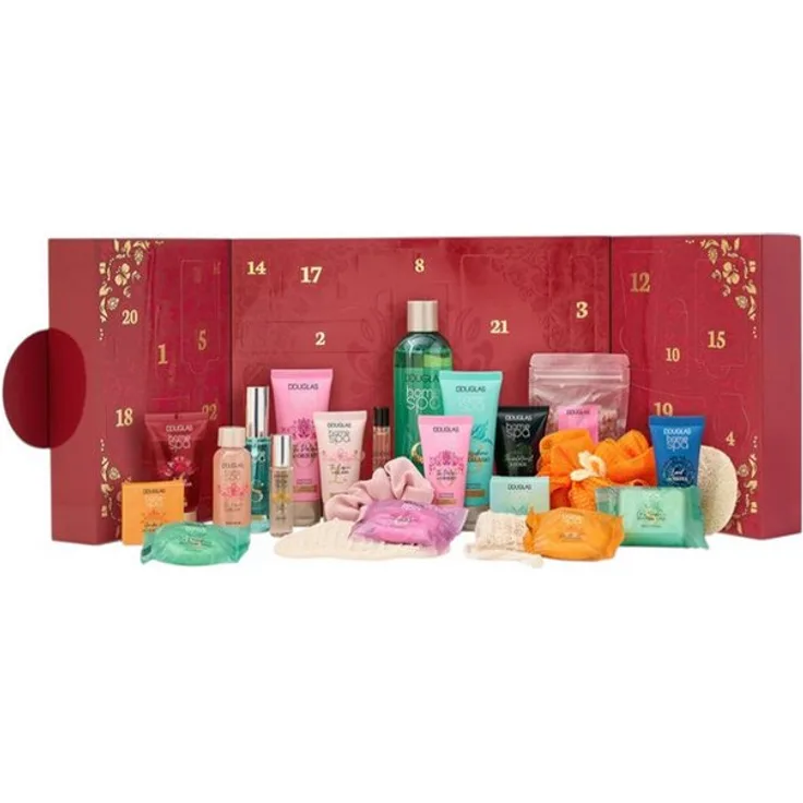 Douglas Adventskalender HOME SPA PFLEGE, 24-tlg. Wellness-Set mit Duschgelen, Bodylotions und Accessoires, festlich rot