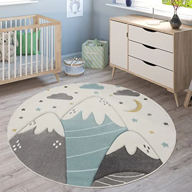 Paco Home Kinderteppich 3D Optik, Rund 200 cm, Pastell mit Bergen, Wolken und Sternen, 100% Polypropylen, Fußbodenheizung geeignet – Bild 1