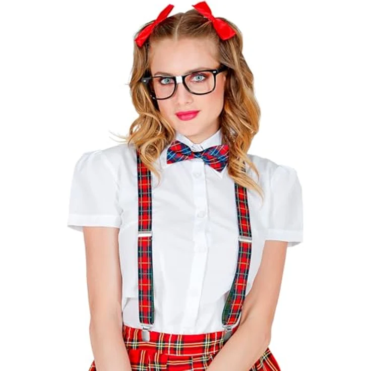 W WIDMANN MILANO Party Fashion 68551, Verkleidungsset Nerd, 3-teilig, mit Hosenträgern und Fliege im Karomuster, inklusive Nerd-Brille, für Karneval und Mottoparty – Bild 3