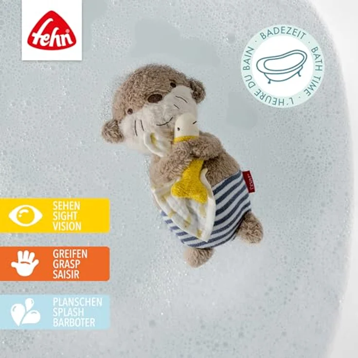 Fehn Badetier Otter – Schwimmendes Stoff-Badewannenspielzeug für fröhlichen Badespaß, 17 cm, Plüsch, Strick, Musselin, blau – Bild 2