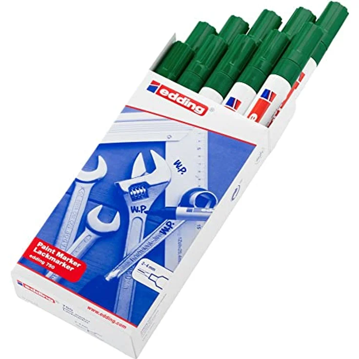 edding 750 Lackmarker - grün - 10 Stifte - Rundspitze 2-4 mm - Lackstift zur Markierung und Beschriftung von Metall, Glas, Stein oder Kunststoff - hitzebeständig, permanent, wischfest – Bild 2