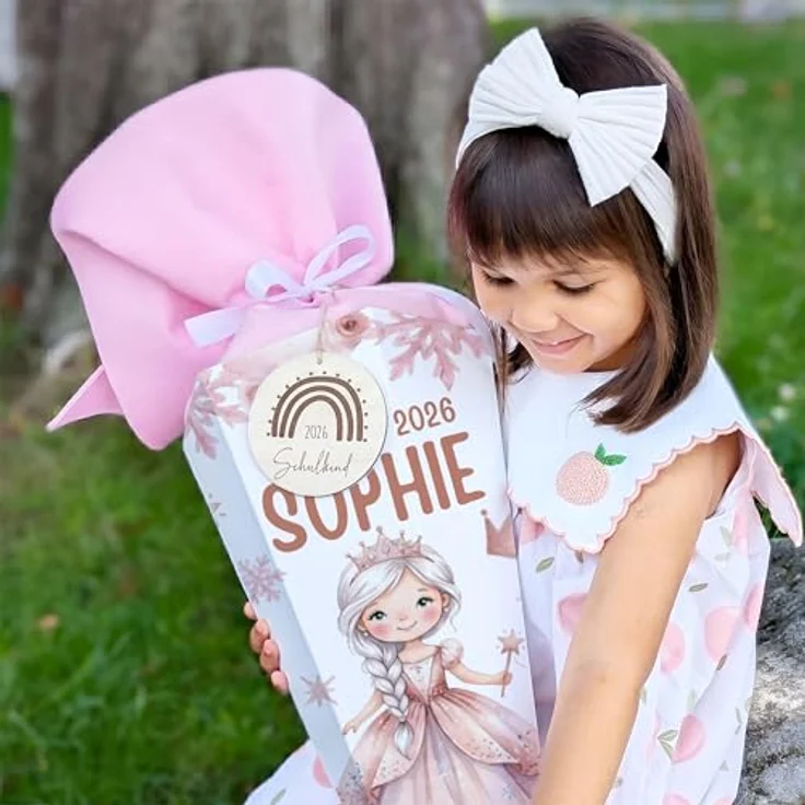 Kidsmood personalisierte Schultüte Prinzessin, Zuckertüte für Einschulung inkl. Rohling, Filz-Stoff & Holzschild, rosa, für Schulkind 2026 – Bild 2