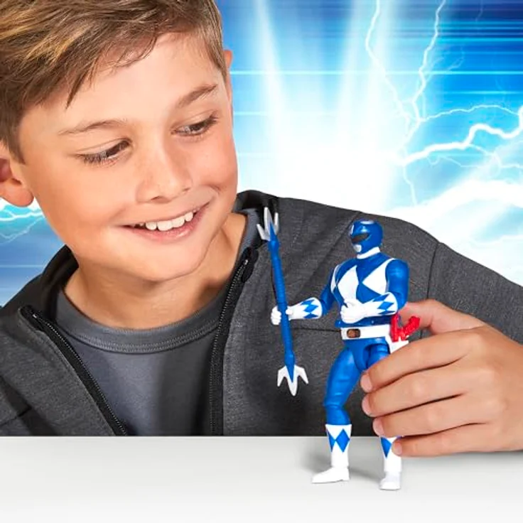 Playmates Power Rangers Mighty Morphin Auto-Morphin Blue Ranger Actionfigur, verformbar mit Power Lanze und Blade Blaster, mehrgleisig, Billy Cranston Design – Bild 2