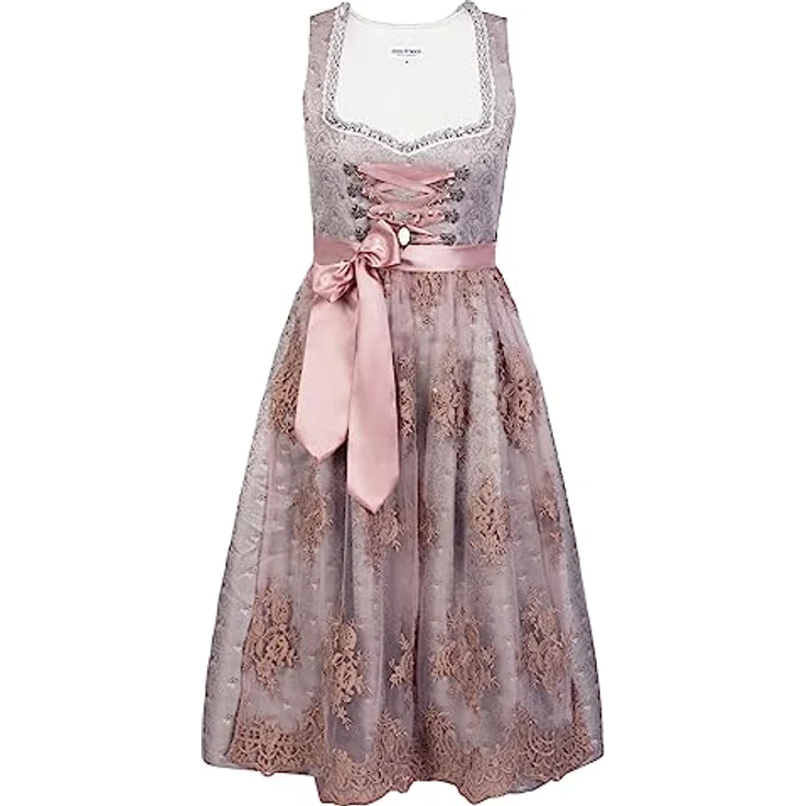 Edelnice Dirndl Aurelie, langes Trachtenkleid mit edlem Silberglanz und Rose-Tönen – Bild 2